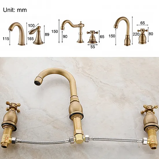 خلاط حوض الحمام بتصميم اثري من البرونز مزدوج الأذرع مع مزيج للماء الساخن والبارد 3 ثقوب صنبور حوض الحمام ELF8001-3 خلاط حوض الحمام بتصميم اثري من البرونز مزدوج الأذرع مع مزيج للماء الساخن والبارد 3 ثقوب صنبور حوض الحمام ELF8001-3